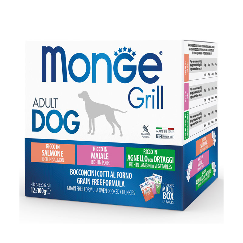 Monge Grill Multipack konservų rinkinys su ėriena, kiauliena ir lašiša šunims