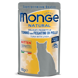 Monge Natural Pouches Kitten konservai su tunu ir vištienos kepenimis kačiukams