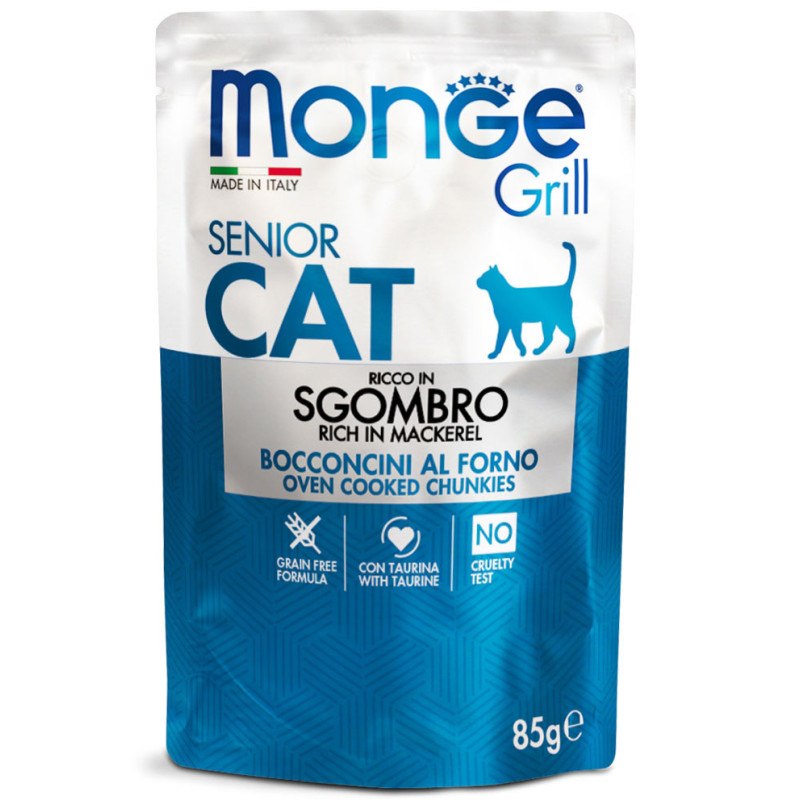 Monge Grill Cat Pouches konservai su skumbre vyresnio amžiaus katėms