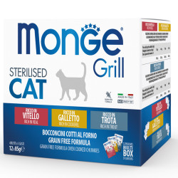 Monge Grill Multipack konservų rinkinys su gaidiena, veršiena ir upėtakiu sterilizuotoms katėms