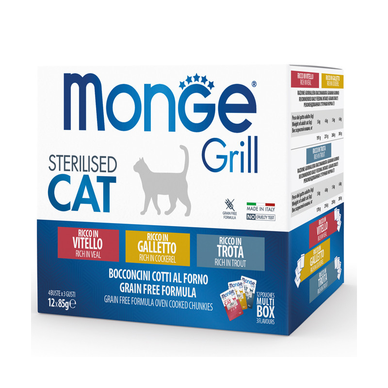 Monge Grill Multipack konservų rinkinys su gaidiena, veršiena ir upėtakiu sterilizuotoms katėms