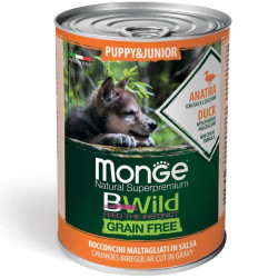 Monge BWild Puppy & Junior begrūdžiai konservai su antiena, moliūgais ir cukunijomis šuniukams