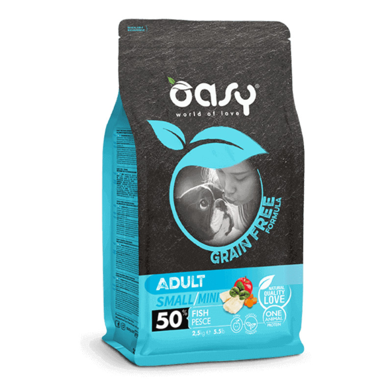 Oasy Grain Free Adult Mini Fish begrūdis sausas maistas su žuvimi šunims