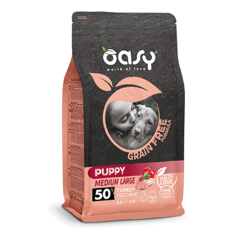 Oasy Grain Free Puppy Medium & Large Turkey begrūdis sausas maistas su kalakutiena šuniukams