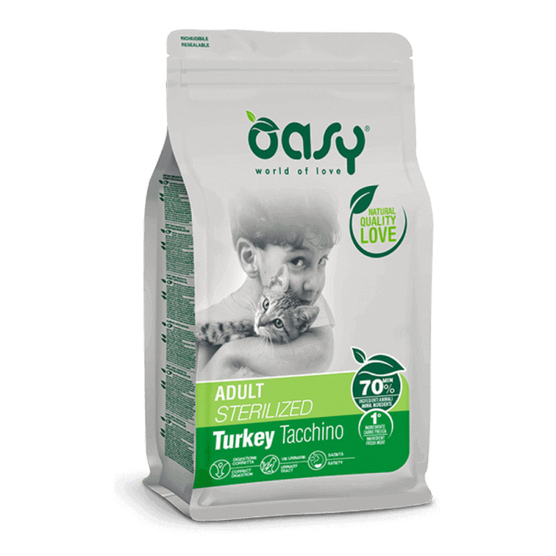 Oasy Adult Cat Sterilized Turkey sausas maistas su kalakutiena sterilizuotoms katėms