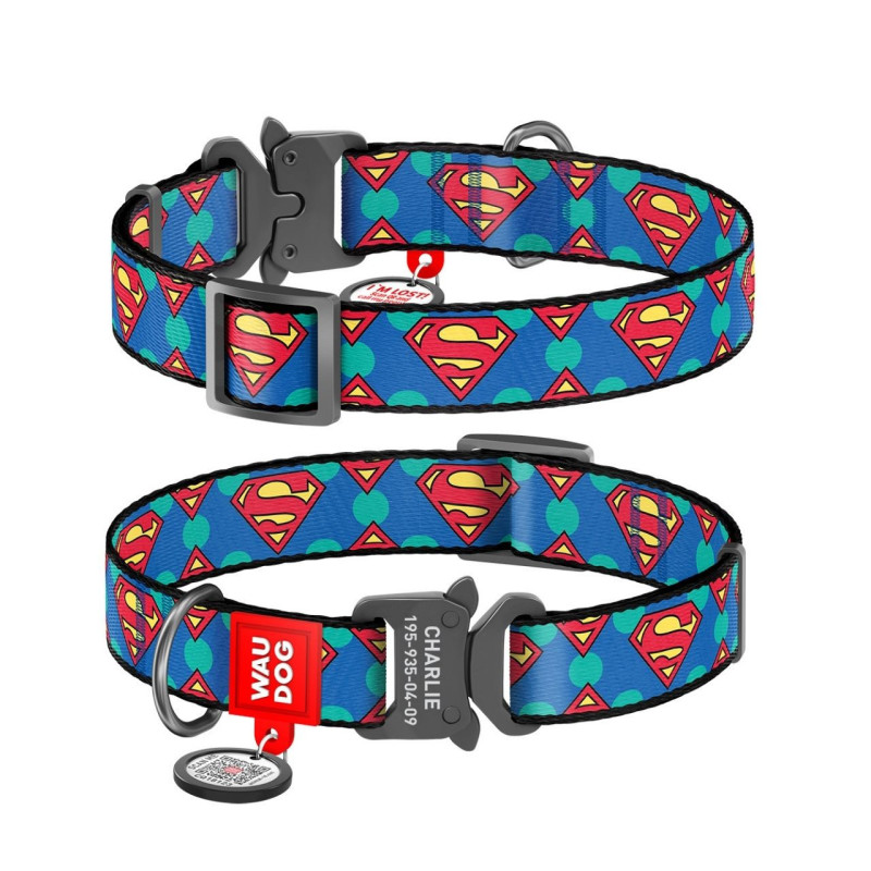 Waudog Nylon Superman Logo antkaklis su QR kodu šunims