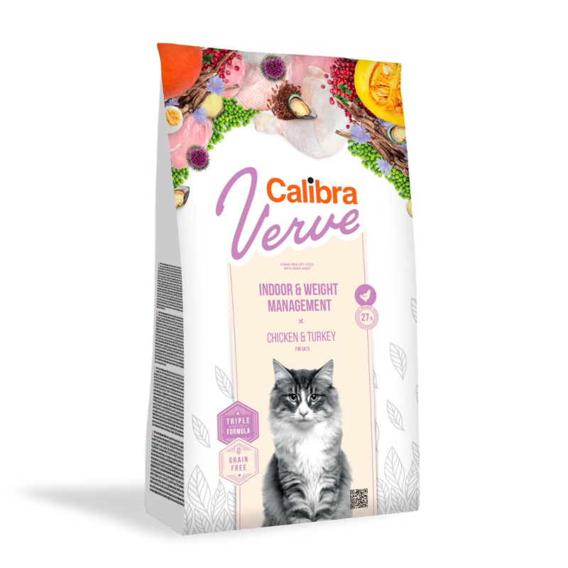Calibra Verve Cat Adult Indoor & Weight begrūdis sausas maistas su vištiena ir kalakutiena katėms