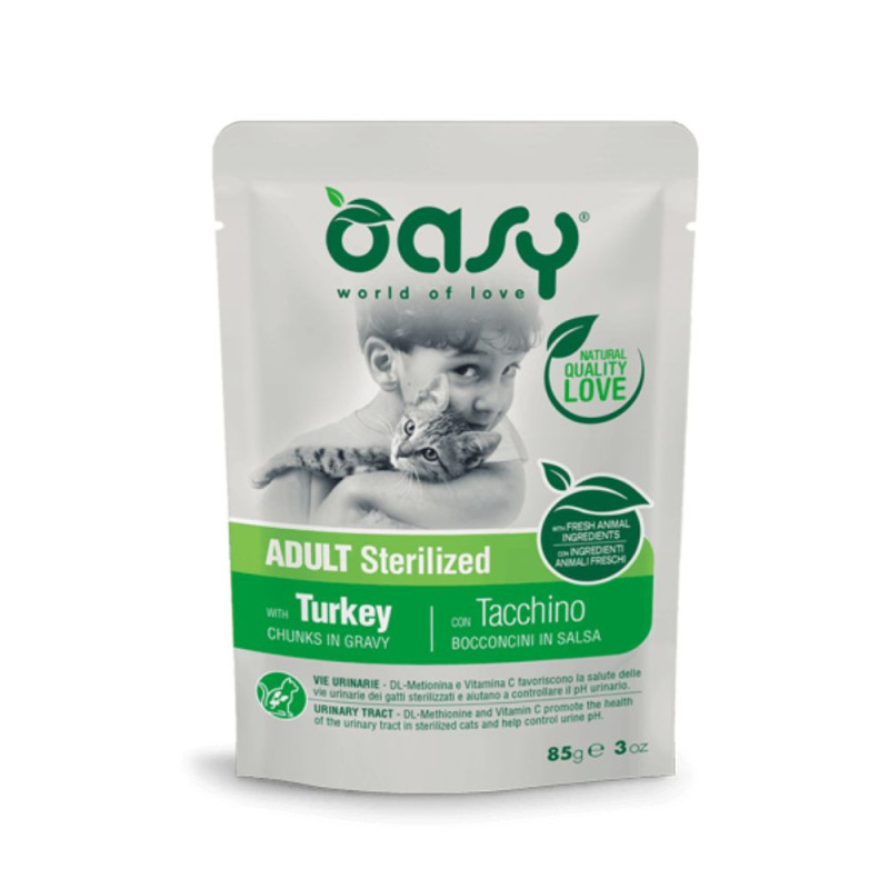 Oasy Adult Sterilized Chicken guliašas su kalakutiena suaugusioms sterilizuotoms katėms - Zoobaze.lt