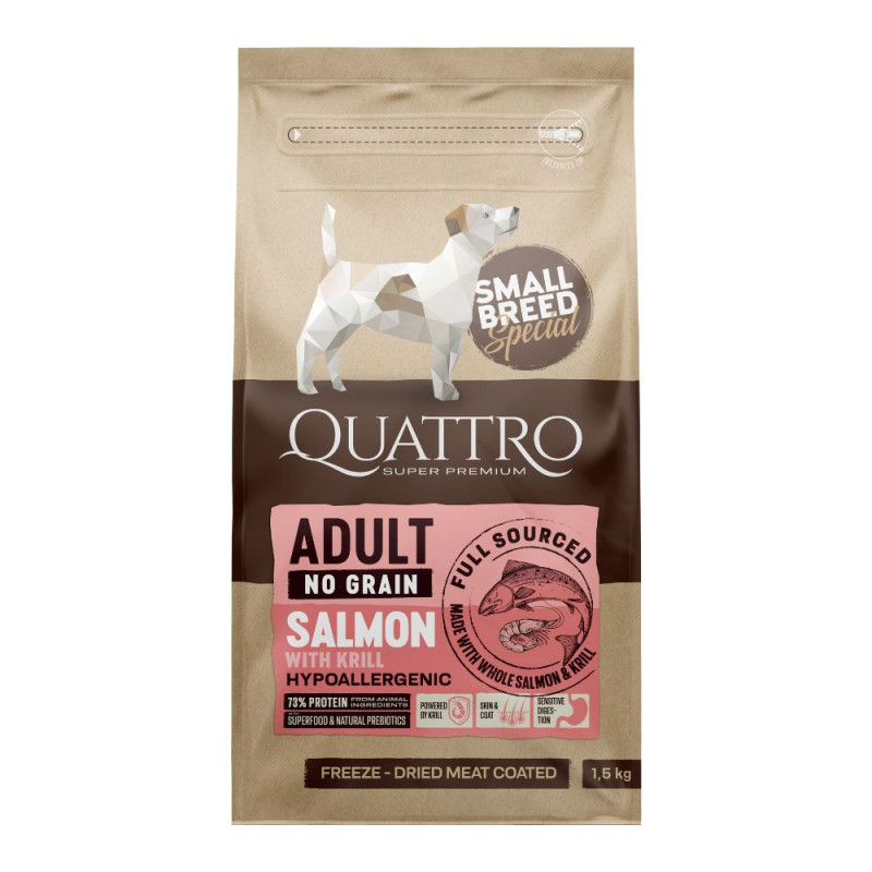 Quattro Small Breed Adult sausas pašaras su lašiša ir kriliu mažų veislių šunims