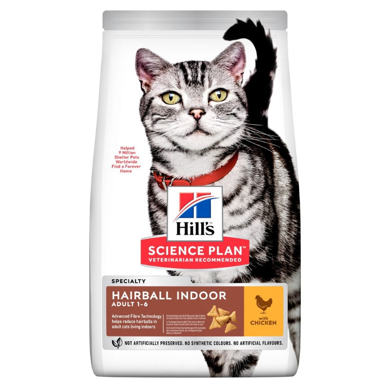 Hill's Science Plan Adult Hairball Indoor Chicken sausas maistas su vištiena katėms