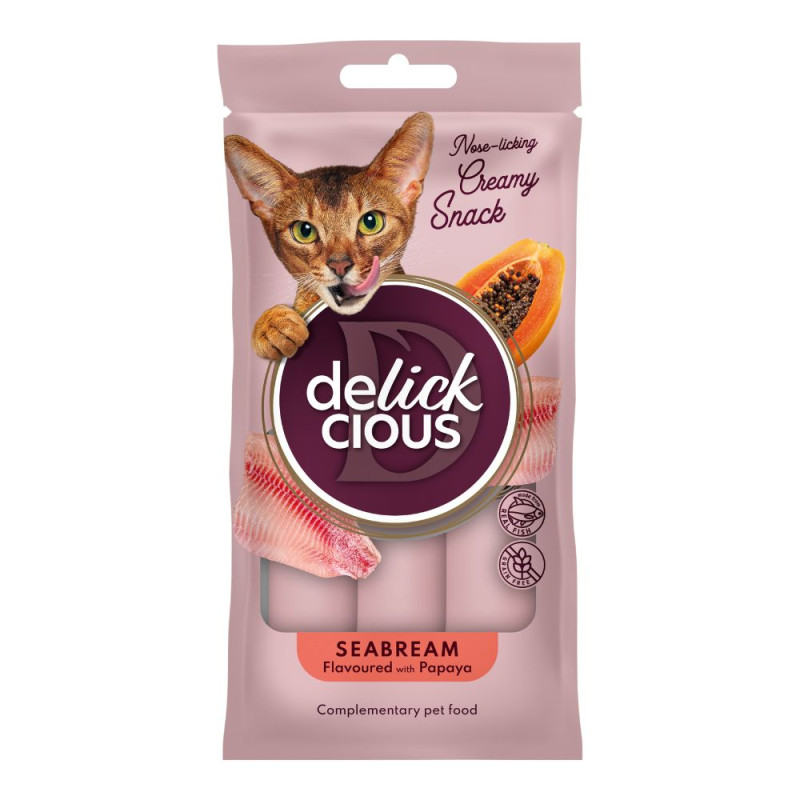 Delickcious Creamy Snack skanėstai su jūros lydekomis ir papaja katėms