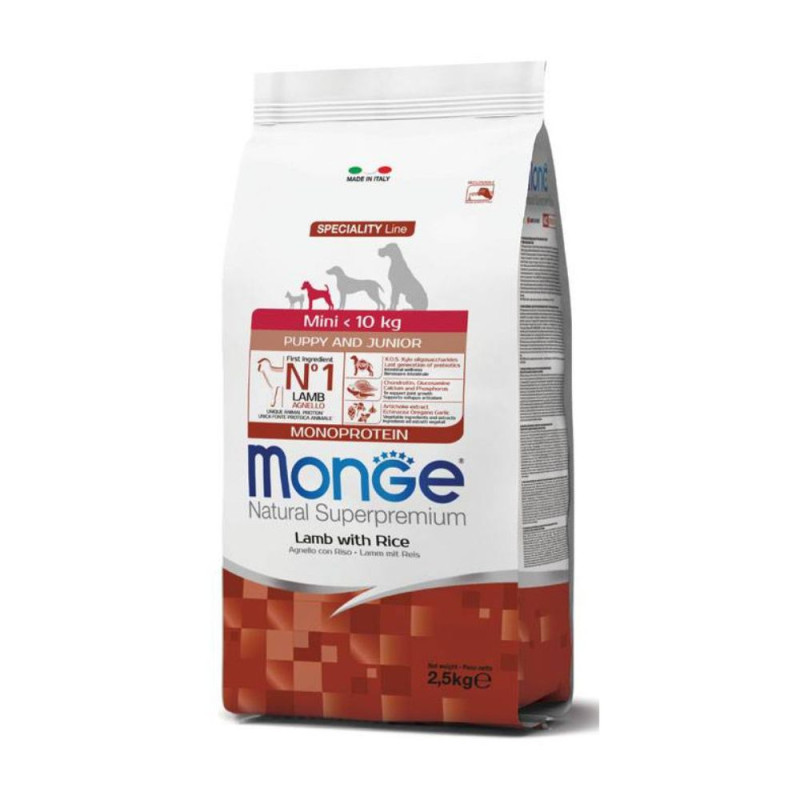 Monge Mini Puppy & Junior sausas pašaras su ėriena ir ryžiais šuniukams