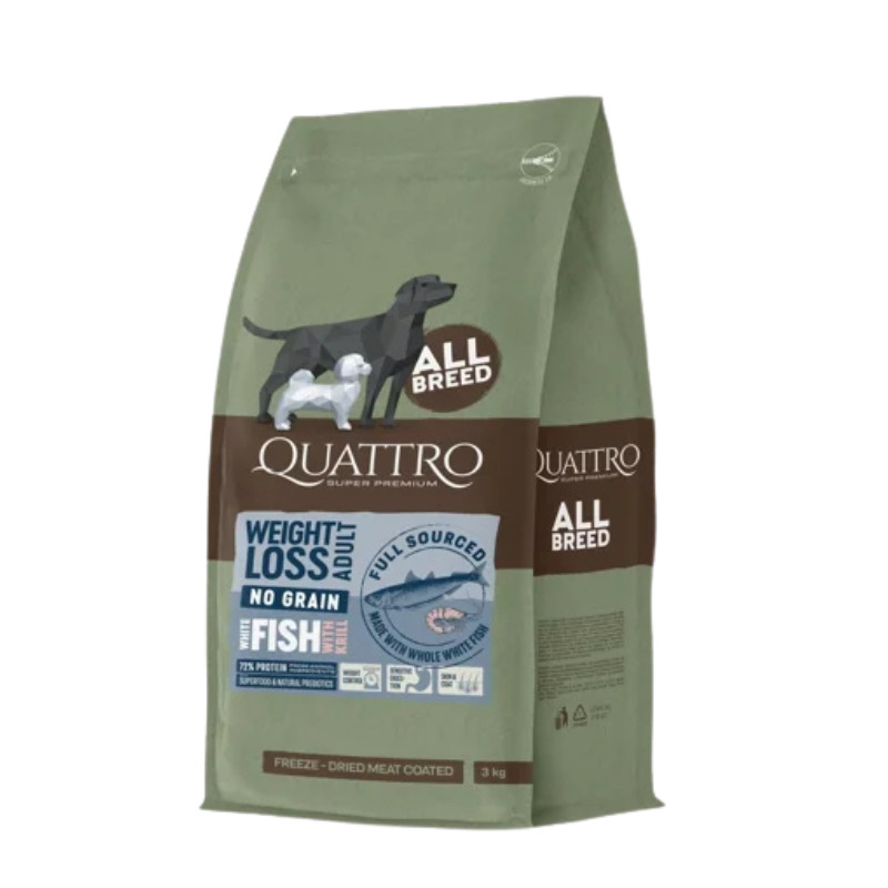 Quattro Grain Free Weight Loss sausas pašaras su balta žuvimi ir kriliumi suaugusiems šunims