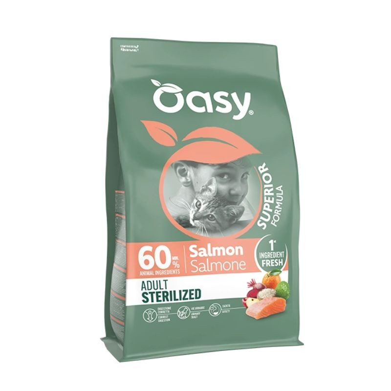 Oasy Superior Adult Sterilized Salmon sausas pašaras su lašiša katėms - Zoobaze.lt