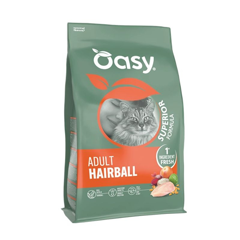 Oasy Superior Adult Hairball sausas pašaras su vištiena katėms - Zoobaze.lt