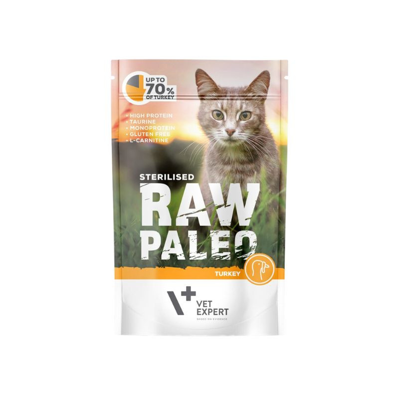 VetExpert Raw Paleo Sterilised guliašas su kalakutiena katėms - Zoobaze.lt