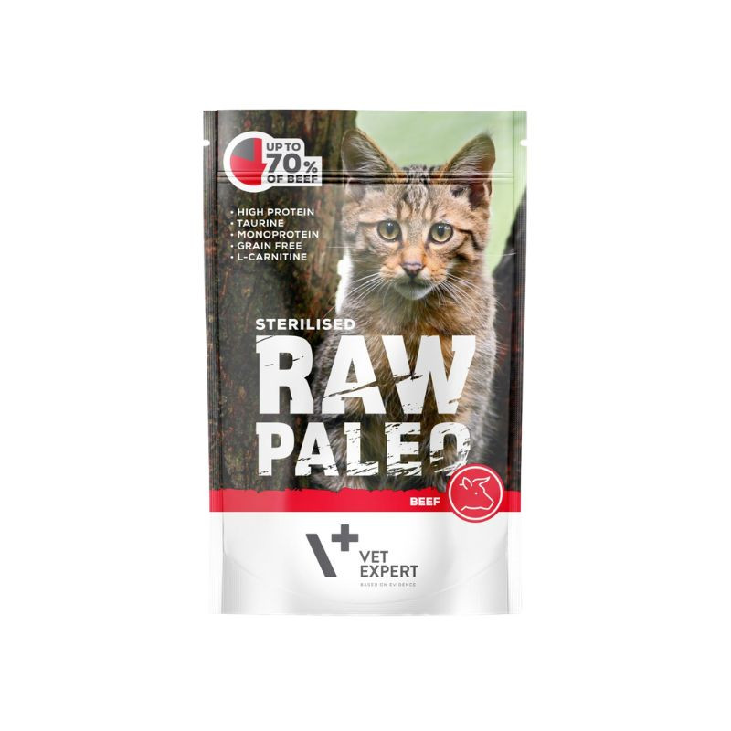 VetExpert Raw Paleo Sterilised guliašas su jautiena katėms - Zoobaze.lt
