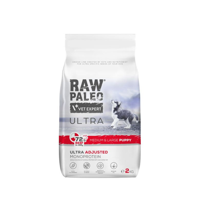VetExpert Raw Paleo Ultra Puppy Medium & Large sausas pašaras su jautiena šuniukams - Zoobaze.lt