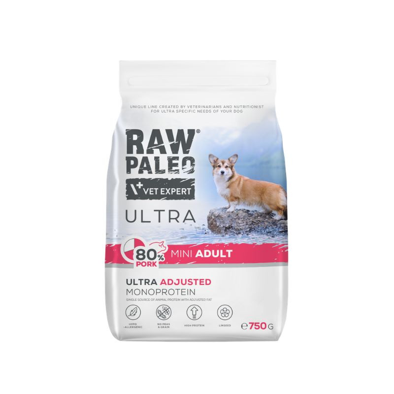 VetExpert Raw Paleo Ultra Adult Mini sausas pašaras su kiauliena mažų veislių šunims - Zoobaze.lt
