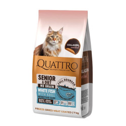 Quattro Collagen Senior sausas pašaras su balta žuvimi ir kriliumi senyvoms katėms - Zoobazė.lt