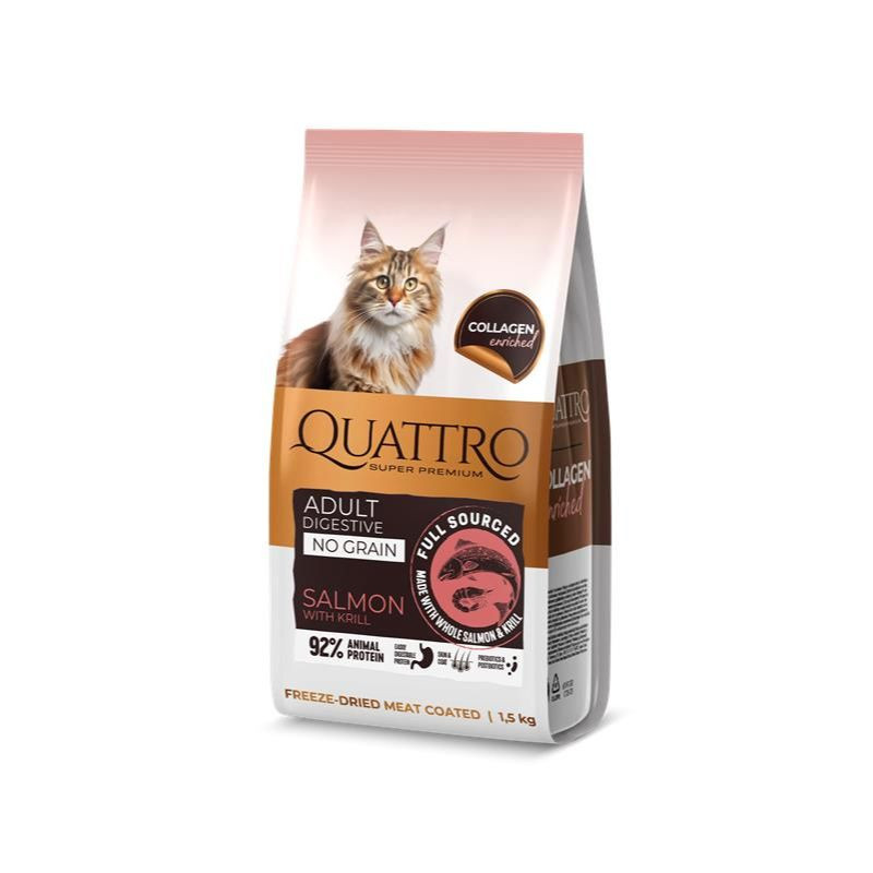 Quattro Collagen Digestive sausas pašaras su lašiša ir kriliumi jautrioms katėms - Zoobazė.lt
