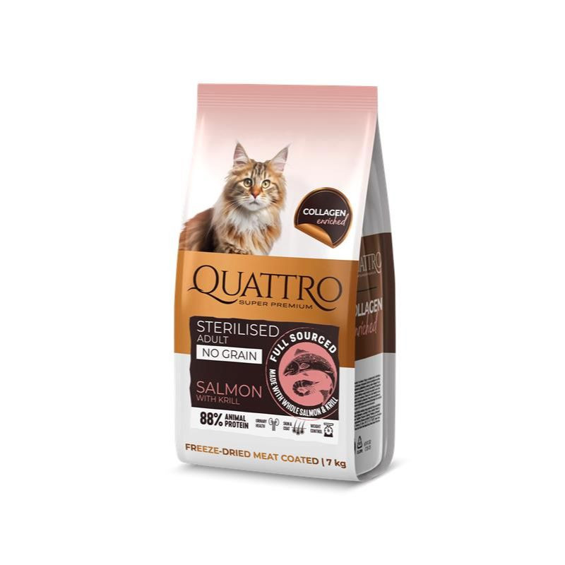 Quattro Collagen Sterilised sausas pašaras su lašiša sterilizuotoms katėms - Zoobazė.lt