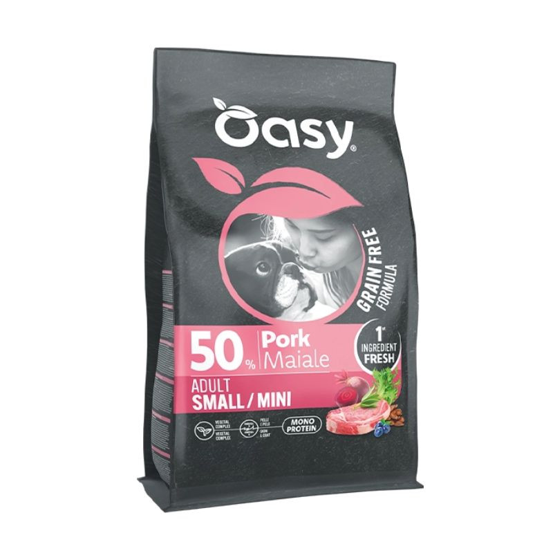 Oasy Grain Free Small&Mini sausas pašaras su kiauliena mažų veslių šunims - Zoobazė.lt