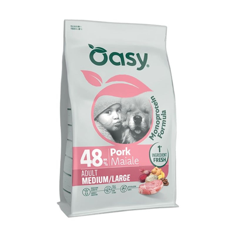 Oasy Monoprotein Adult Medium&Large sausas pašaras su kiauliena didesnių veislių šunims - Zoobazė.lt