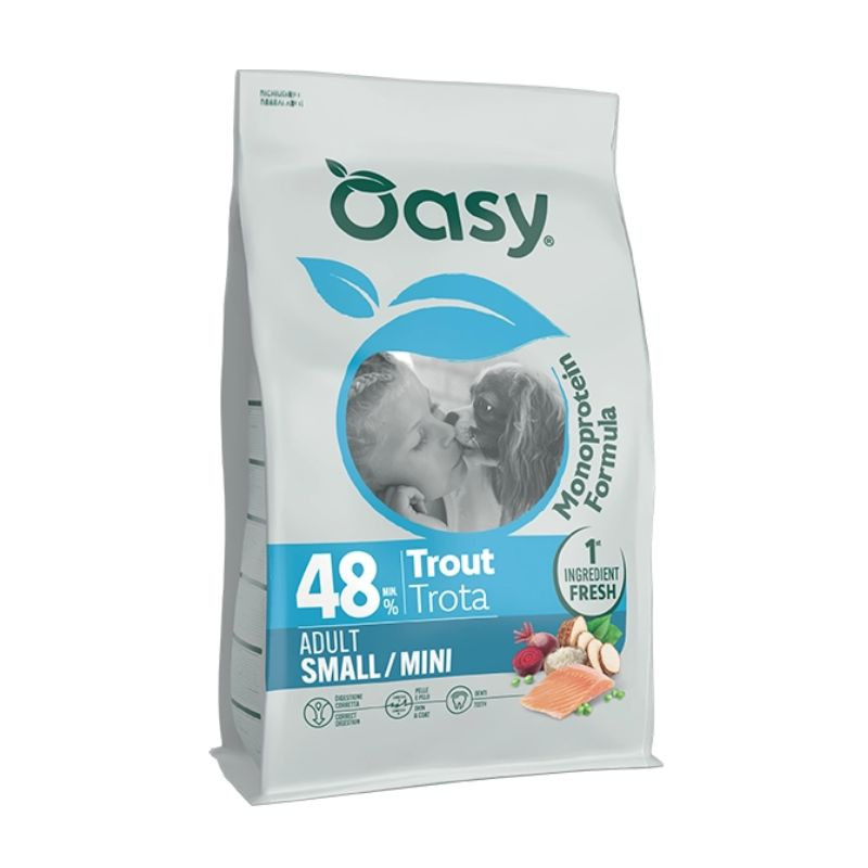Oasy Monoprotein Adult Small&Mini sausas pašaras su upėtakiu mažų veislių šunims - Zoobazė.lt