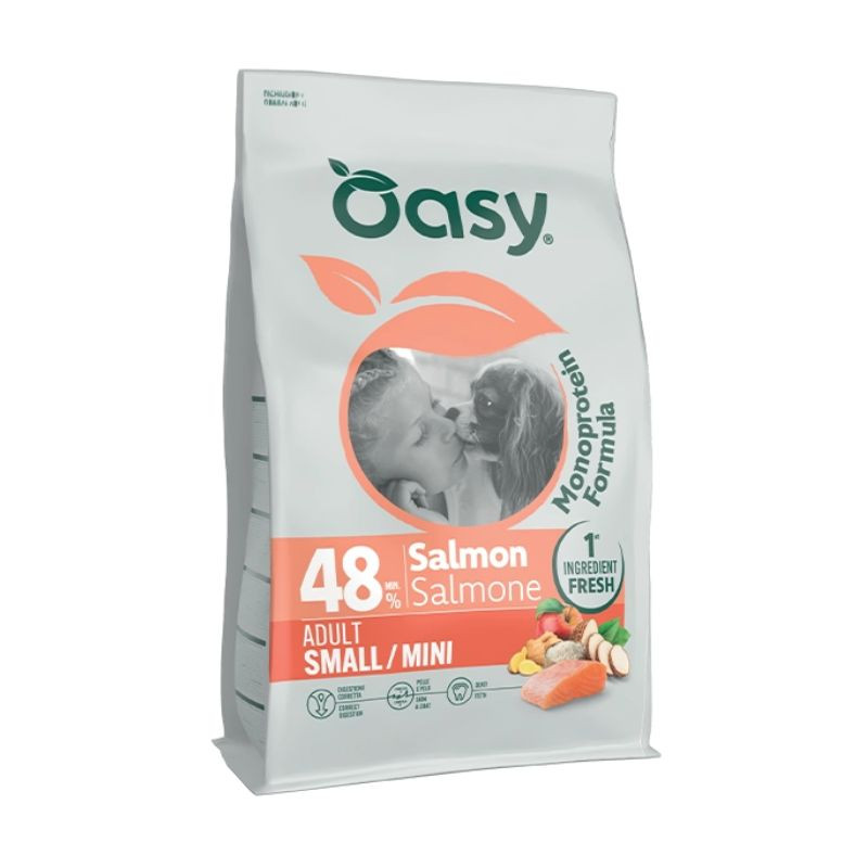Oasy Monoprotein Adult Small/Mini sausas pašaras su lašiša mažų veislių šunims - Zoobaze.lt