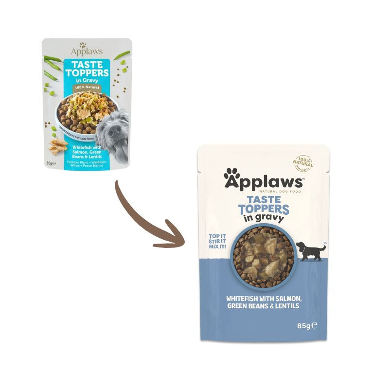 Applaws Taste Toppers sauso pašaro pagardas su balta žuvimi, lašiša ir daržovėmis šunims