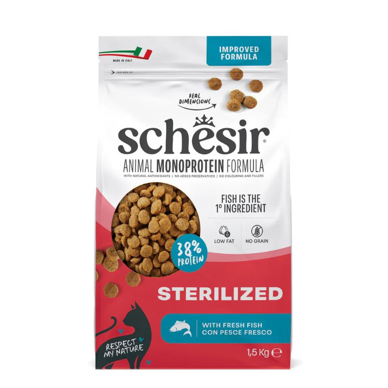Schesir Monoprotein sausas pašaras su žuvimi sterilizuotoms katėms, 1,5 kg