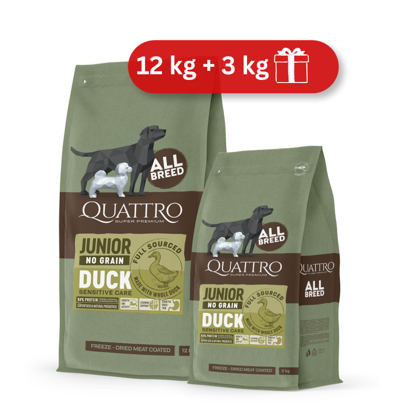 Quattro Grain Free sausas pašaras su antiena jauniems šunims