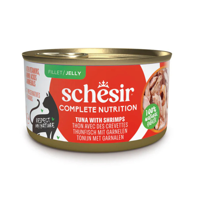 Schesir Complete Nutrition konservai su tunu ir krevetėmis drebučiuose katėms, 85 g