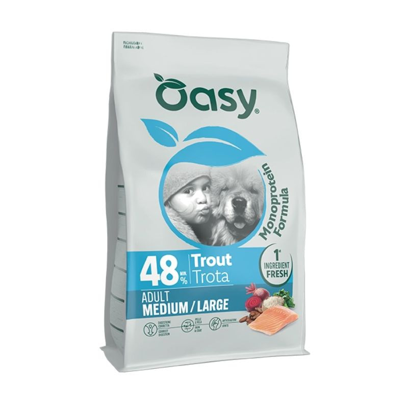 Oasy Monoprotein Adult Medium/Large sausas pašaras su upėtakiu didesnių veislių šunims
