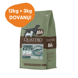 Quattro Grain Free dietinis sausas pašaras su balta žuvimi ir kriliu senyvo amžiaus šunims - Zoobaze.lt